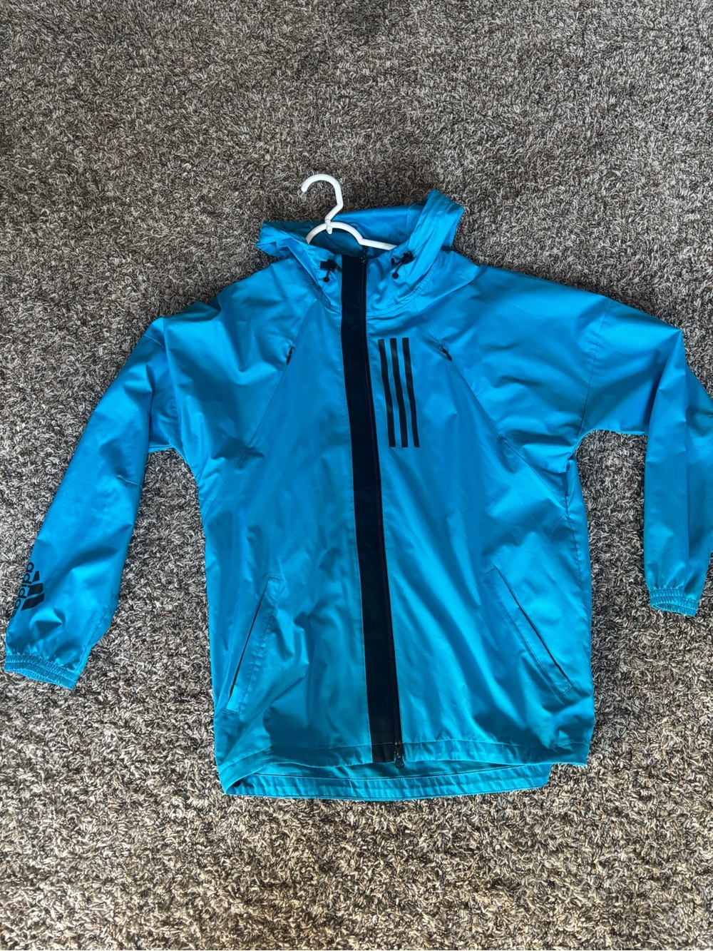 adidas Teal Blue Hooded Swim Jacket with Black Trim